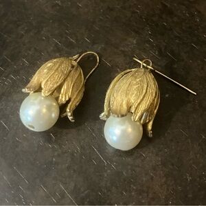 Gold flower snowdrop pearl earrings, feminine and classy, year-round. 1.5”